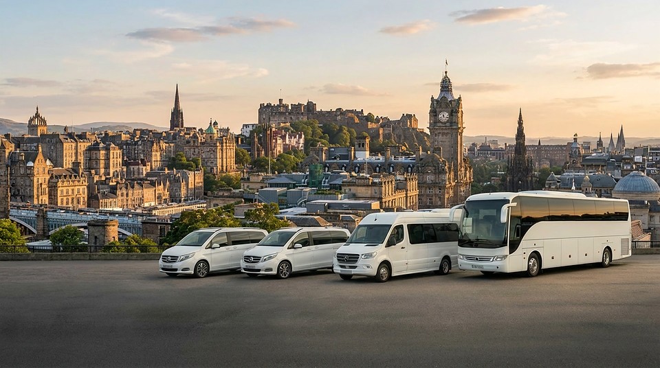 Minibuses and a coach in front of Edinburgh Castle